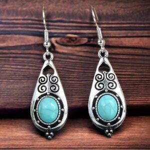 Boho Western Dangle Drop Earrings Native American Turquoise Vintage Silver Style